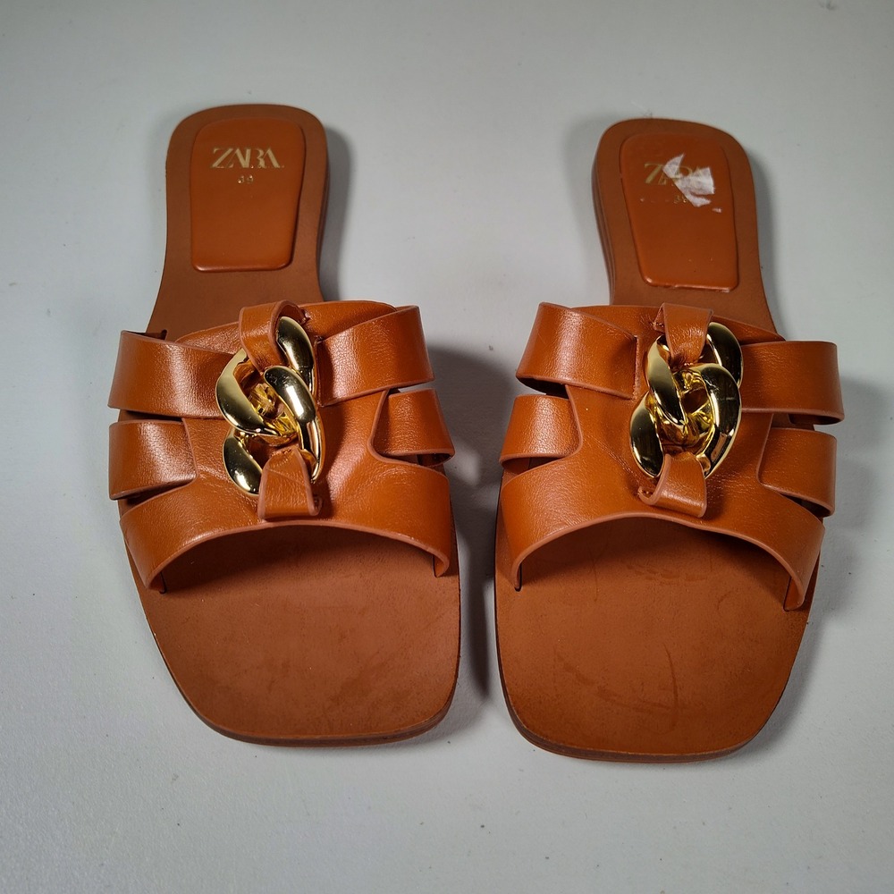 Zara Womens Brown Leather Chain Link Flat Slide Sandals Square Toe Size 39